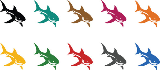 Stylized shark icons in diverse colors fish, Multicolor shark illustration set