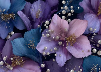 Chic and elegant seamless pattern flowers with purple and blue flowers with pearls on a dark background