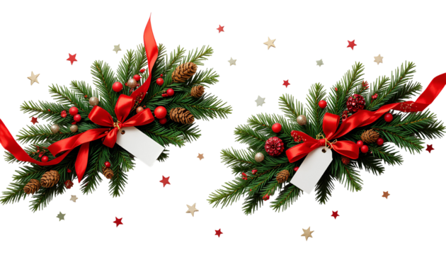 Festive Christmas Corner Decoration with Evergreen Branches and Red Ribbons