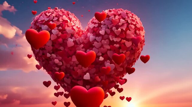Magical explosion with red and pink hearts on blurred sky background
