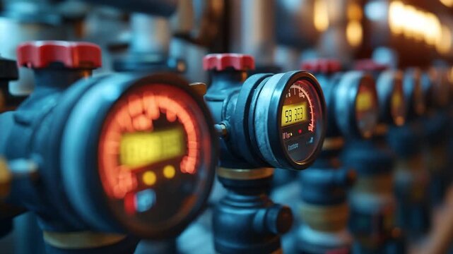 The Pulse of Industry A cinematic focus shift along glowing digital pressure meters. A powerful visual for tech presentations and engineering documentaries.