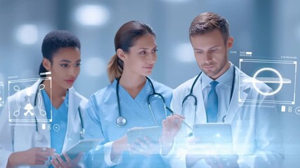A team of doctors reviews holographic diagnostic data as the camera moves across five angles capturing focused faces, steady gestures and illuminated medical interface elements in a bright lab - Powered by Adobe