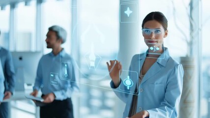 A female laboratory specialist interacts with a transparent AR interface, moving her hand across floating digital elements while analyzing data in a bright modern research environment - Powered by Adobe