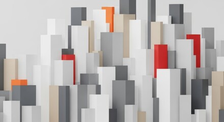 Abstract 3d rendering of a modern city skyline made of minimalist geometric blocks in white gray and red accent colors