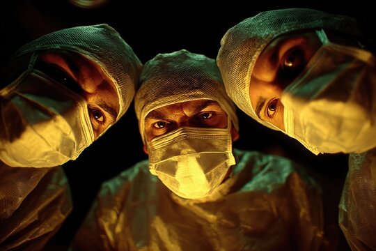 Surgeons focused on a procedure in a dimly lit operating room during surgery