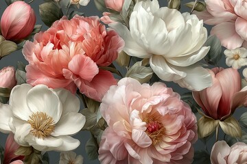 Fototapeta premium Chic and elegant seamless pattern with large blooming peonies and magnolia flowers, soft pastel colors