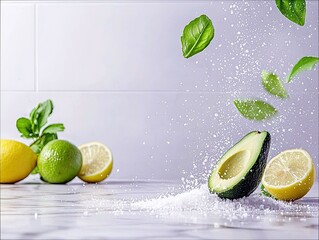 A vibrant composition of fresh avocado, lime, lemon, and basil leaves with salt scattering, suggesting healthy food preparation.