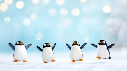 Four playful toy penguins stand in the snow with their arms raised, enjoying falling snowflakes and a soft bokeh background.