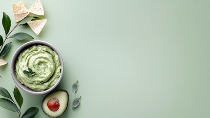 A bowl of creamy guacamole is presented with tortilla chips, an avocado half, and green leaves, suggesting a fresh and healthy appetizer.
