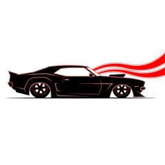 Black muscle car with red stripes on a white background.
