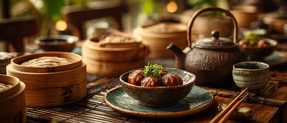 Fototapeta premium Elegant restaurant interior with siomay dimsum served on the table, bamboo baskets, teapot and cups, modern Asian dining atmosphere, warm golden lights, cinematic composition