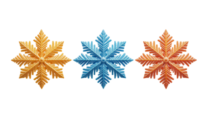 Glittery Stylized Snowflakes Arranged Horizontally on Transparent Background