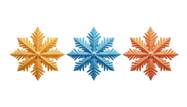 Glittery Stylized Snowflakes Arranged Horizontally on Transparent Background