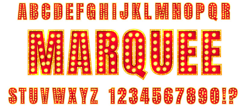 Circus retro alphabet with marquee bulb light for cabaret, casino or broadway theater show. Red and gold neon letters in vintage style for carnival typography. Burlesque abc font vector design
