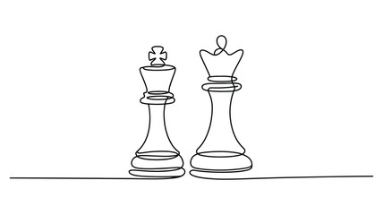 minimalist line art of chess king and queen pieces in continuous stroke style, symbolizing leadership, strategy, and power