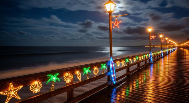 Enchanting seaside boardwalk aglow with festive holiday lights reflecting on wet wood, a vibrant coastal scene perfect for travel and vacation themes
