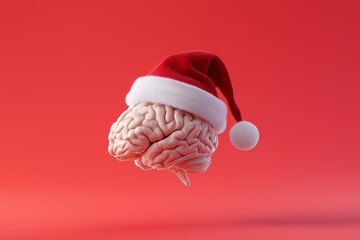 Human brain with Santa hat on red background.