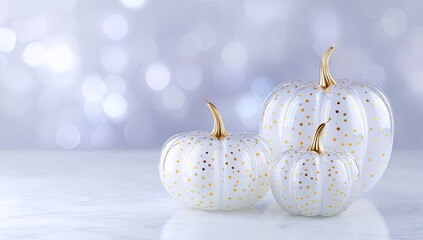 White and gold polka dot pumpkins with bokeh background