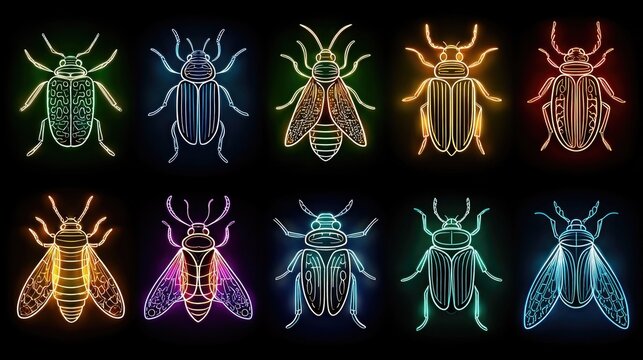 Neon agricultural pest vector icons in line style, glowing insect silhouettes grouped for farm, science, and pest control illustrations