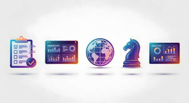 Business Strategy and Analytics Icons Checklist Charts Globe Chess Knight.