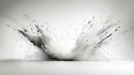 A dynamic explosion of white powder and dark particles erupts outward against a clean, bright background.