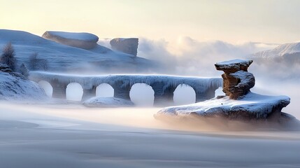 A surreal winter scene featuring an ancient stone bridge encrusted with ice and snow, shrouded in mist, with unique rock formations.