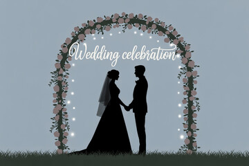 Romantic silhouette of bride and groom holding hands under a floral archway during their wedding celebration ceremony, creating a stunning moment of love and commitment