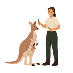 Woman Feeding Kangaroo with Baby Joey. Flat vector illustration isolated on white background