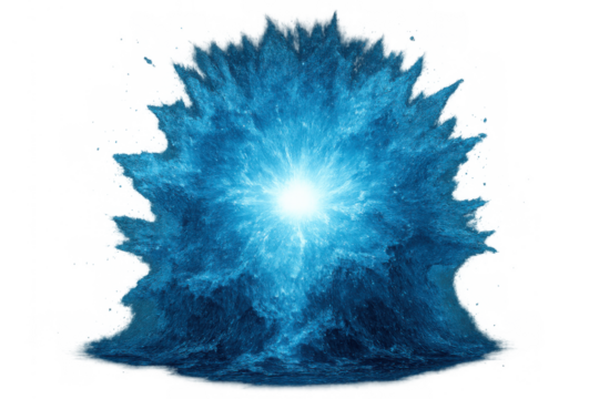Blue energy explosion burst with light particles on transparent background creating a powerful abstract shockwave effect