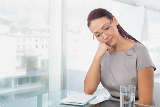 Mid-adult woman sitting by windows at office in grey blouse, reading spiral notebook, copy space