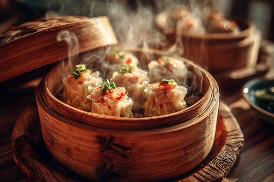 Siomay dimsum served in a traditional bamboo basket, authentic Asian dining atmosphere, rich textures and steam rising, close-up food photography, warm restaurant lighting, rustic wooden table