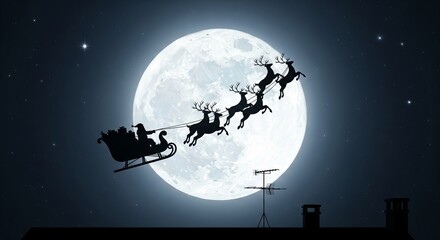 Naklejka premium Magical Santa Claus silhouette flies across the night sky with reindeer, delivering gifts under the moonlight, a heartwarming holiday scene of joy