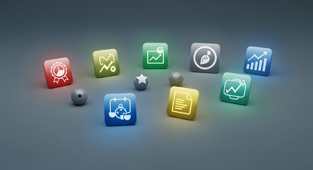 Collection of glowing digital icons representing business and finance concepts.