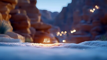 The Arabic word Allah glows with light in a snowy desert landscape, with distant bokeh lights adding to the serene atmosphere.