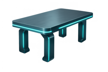 Futuristic technology table with glowing neon blue lines, modern sci-fi furniture for innovation and digital display interface