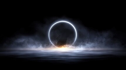 A bright white neon ring hovers above a dark, reflective surface, surrounded by wisps of smoke and fog.