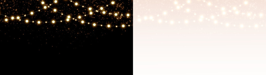 Warm glowing string lights on black and white backgrounds, providing a soft festive illumination. Decorative overlay for Christmas, holiday, and party design materials.