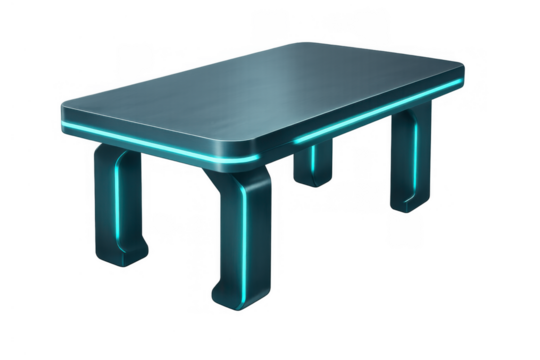Futuristic technology table with glowing neon blue lines, modern sci-fi furniture for innovation and digital display interface