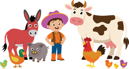 Cute cartoon farmer boy with farm animals, friendly livestock illustration, happy child on farm, cow pig donkey chicken duck scene