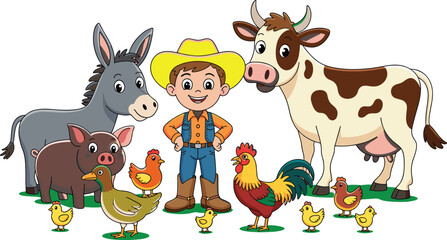 Cute cartoon farmer boy with farm animals, friendly livestock illustration, happy child on farm, cow pig donkey chicken duck scene