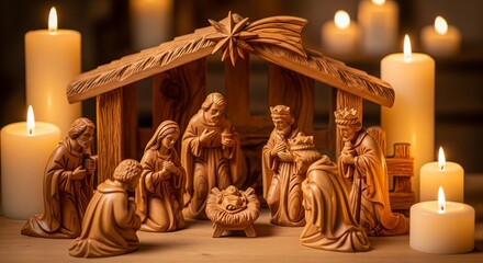 Wooden nativity scene bathed in candlelight evokes peaceful Christmas spirit, ideal for holiday cards, seasonal decor, religious art and family traditions