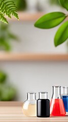 Three laboratory flasks containing yellow, black, and red liquids are arranged on a wooden surface, with blurred green leaves in the foreground and background.
