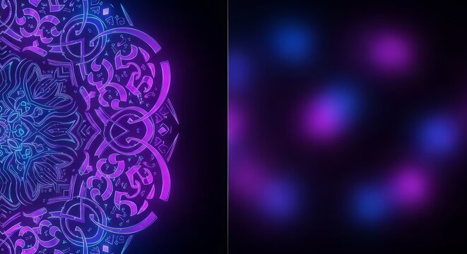 Abstract neon mandala with blue and purple lights on a dark background - Powered by Adobe