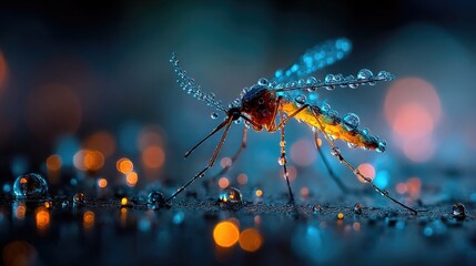Mosquito surrounded by neon rain droplets glowing softly, macro shot capturing insect detail and shimmering water drops creating surreal luminous atmosphere in dark ambient