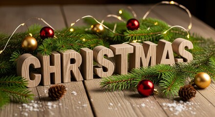 Wooden Christmas Letters with Ornaments on Table