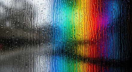 Vibrant rainbow light reflection distorted by raindrops running down a wet window pane at night