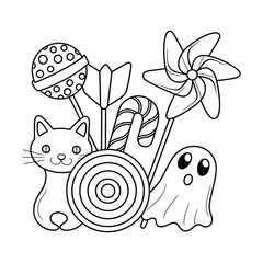 A delightful collection of thin line vector icons representing various candies and sweets.