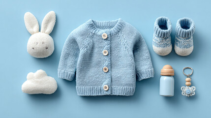 A collection of adorable baby items in soft blue hues, perfect for a newborn, including knitted wear and toys