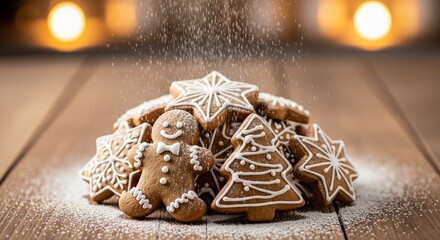 Gingerbread Cookies Pile with Powdered Sugar Dusting