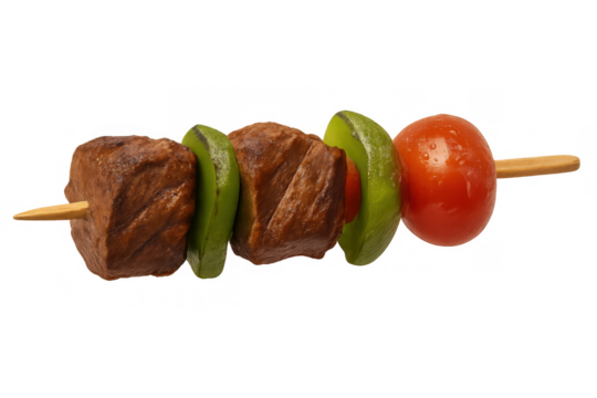 Grilled kebab skewer with seasoned beef, green bell pepper, and tomato on transparent background, fresh cooked food
